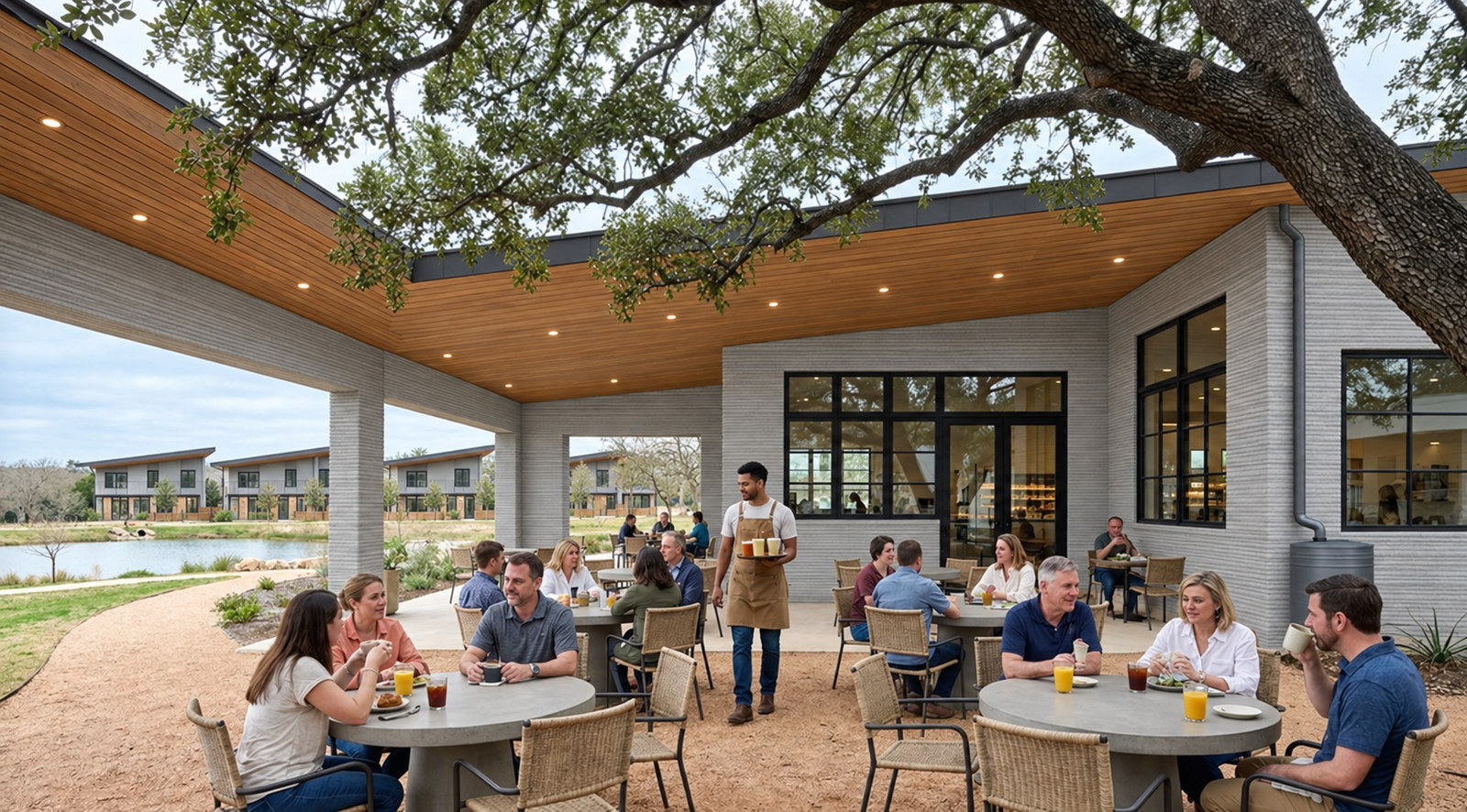 People at tables on a shaded café terrace under oak trees