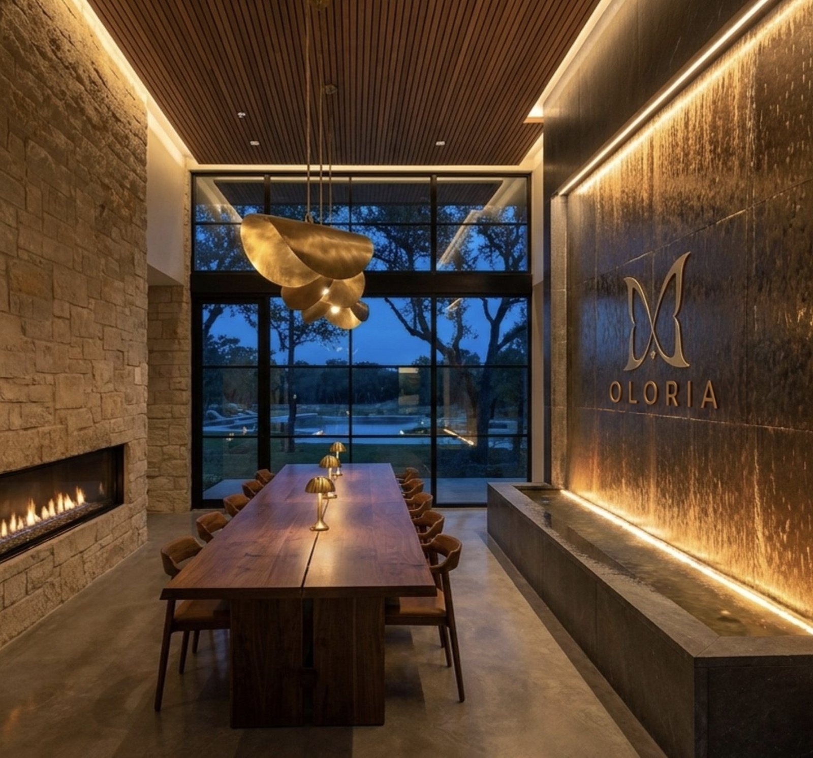 A tall room with a long dining table, a fire along one wall and water running down the other