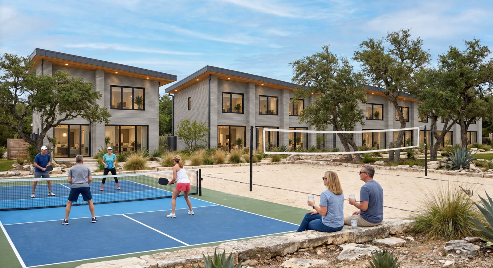 Residents playing pickleball beside a sand volleyball court