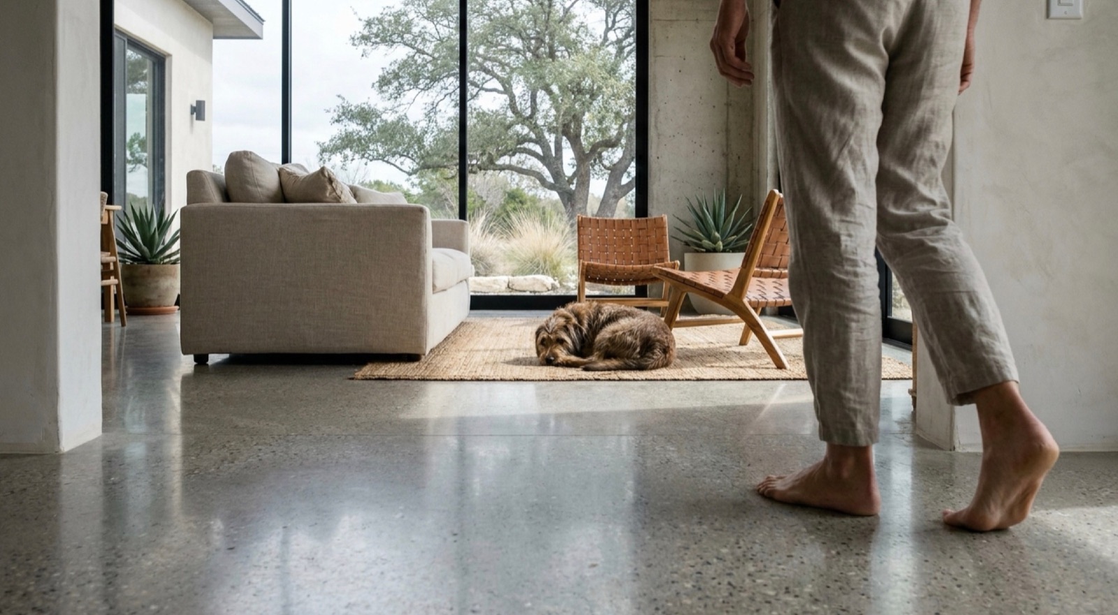 A barefoot person crossing a polished concrete living-room floor past a sleeping cat
