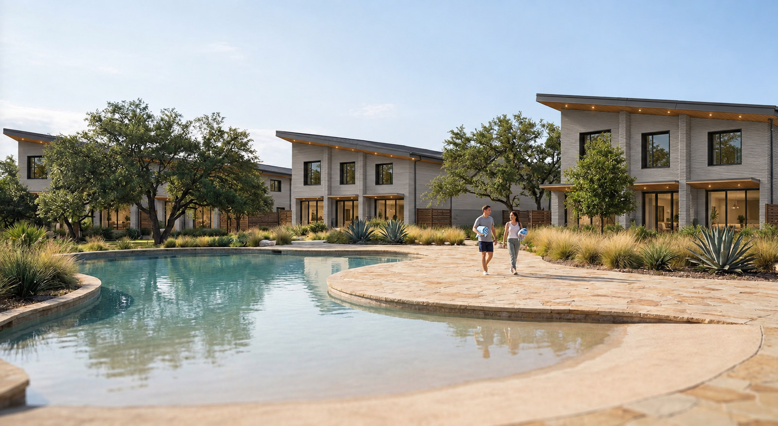Two people walking along the curved stone edge of the lagoon, with homes behind