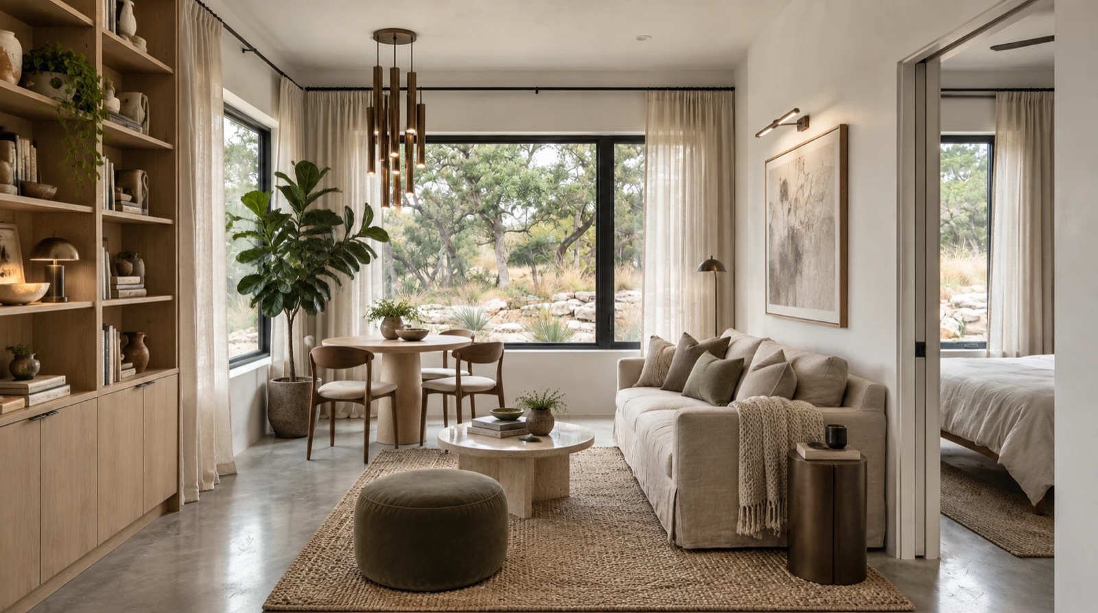 A bright living and dining room with large windows