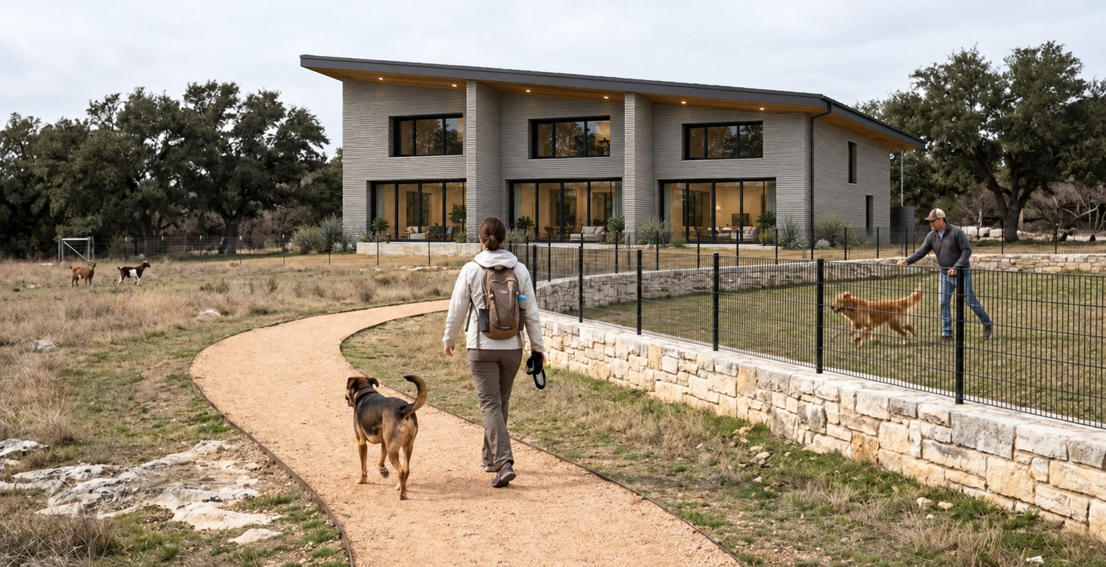 People walking dogs on a path beside open pasture