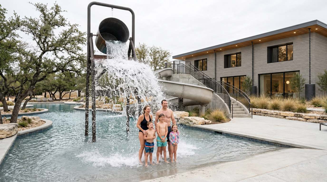 A family laughing in a splash pool under a giant tipping bucket beside a curving slide